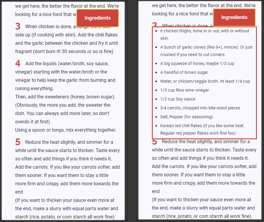 ingredients are shown when button is pressed